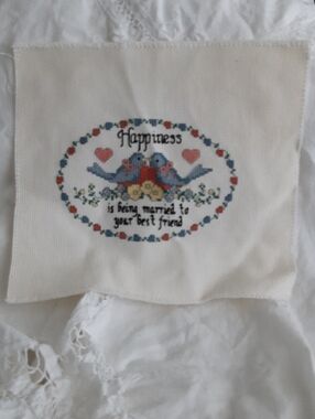 Handcrafted Cross-Stitch Wedding Wall Art - Blue and Red Love Birds